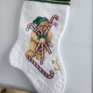 White Christmas Stocking with Bear and Candy Canes